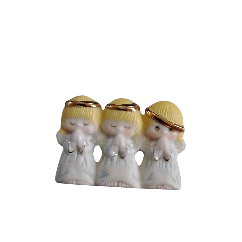 Vintage Ceramic Three Praying Angels Brooch Gold Halo Christmas Pin White Blue